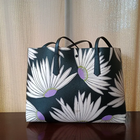 kate spade Black Floral Tote with White and Purple Daisy Print - Picture 1 of 6